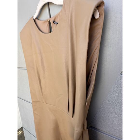 ZARA Faux Leather Shoulder Pads Sleeveles Tan Mini Dress Sz L Bloggers Favorite - Picture 12 of 16